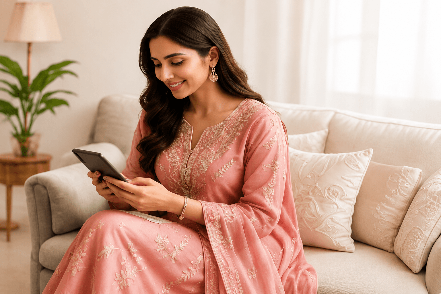 Customer wearing South Asian fashion while browsing on a tablet